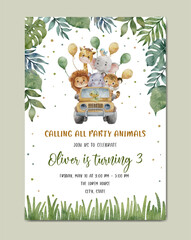 Birthday invitation safari theme watercolor template background © Yuni