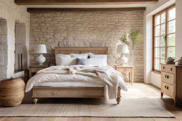 French country style reimagined for the modern bedroom, where artisanal charm meets luxury and comfort in a farmhouse environment. - obrazy, fototapety, plakaty