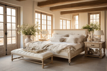 A harmonious blend of rustic and modern, this French country bedroom in a farmhouse setting exudes elegance, comfort, and timeless charm. - obrazy, fototapety, plakaty