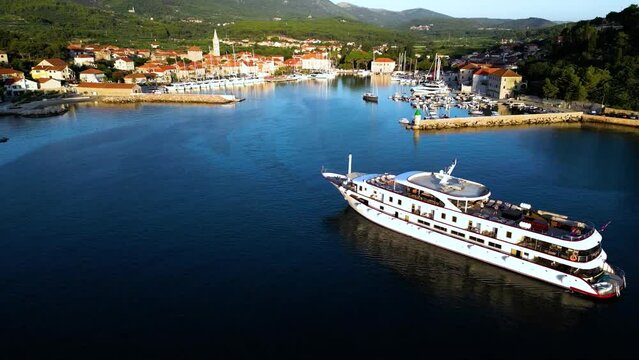 Aerial view of Jelsa Town with harbour area at the coastline of the island Hvar in Croatia, Europe