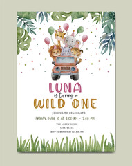 Birthday invitation safari theme watercolor template background © Yuni