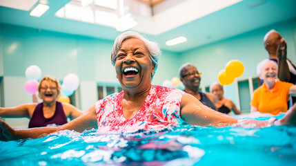 Senior citizens in brightly colored bathing suits with caps, goggles in pool laughing happily during water aerobics class. Elderly fitness, group exercise classes against backdrop of summer sunny day