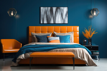 This stylish bedroom blends a modern Art Deco aesthetic with a cozy atmosphere, highlighted by an eye-catching orange headboard and calming blue bedding.