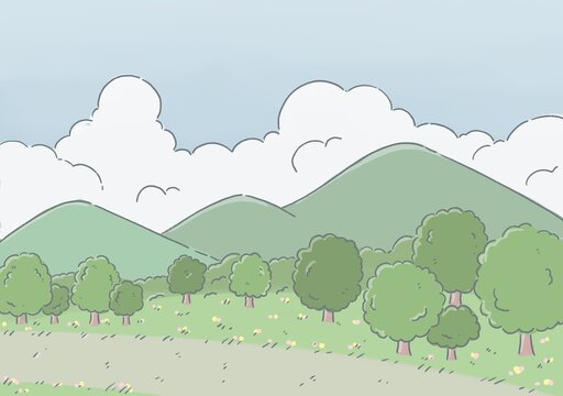 Background paintings of mountain landscapes, trees, clouds, and a bright sky. Cute minimalist cartoon style