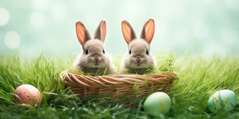 Fototapeta na wymiar Easter bunny in green grass with painted eggs, sunny day, egg hunt, Happy Easter banner background