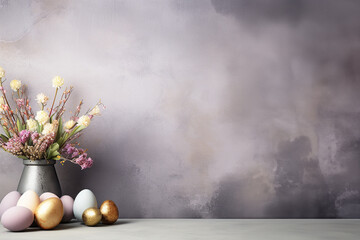 Obraz na płótnie Canvas A minimalist Easter composition with a bouquet of spring flowers in a vase and pastel-colored eggs on a textured concrete background.