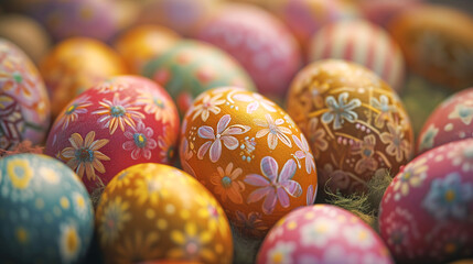 Fototapeta na wymiar Rich colorful Easter eggs adorned with floral patterns