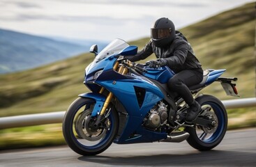 Blue motorcycle racing on white background from Generative AI