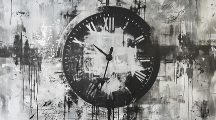 Black and White Abstract ink painting of background with old clock