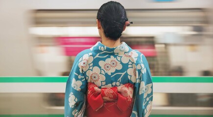 Woman, japan and train station, kimono and travel with public transport, metro bullet in city....