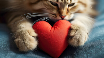 cute cat holding a red heart , cat with red heart.Valentine's Day concept.