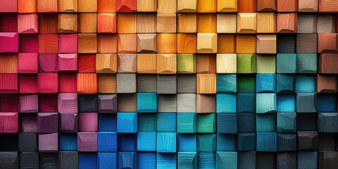 many colorful wooden blocks made into an wall. rainbow wooden blocks