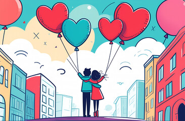 Valentine's Day, February 14, a couple hugs in the city, balloons in the shape of hearts soar into the sky