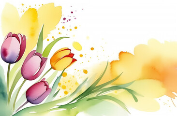 free space for text, spring flowers on the left side, free space 2/3 of the background on the right, pastel pink background