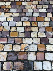 Multi colored cobblestone street in Europe