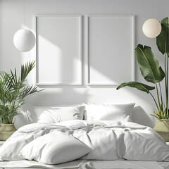 Double wall frames mockup - Blank wall frame mockup in bedroom