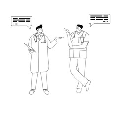 activity illustration of doctors standing chatting, monochrome line style