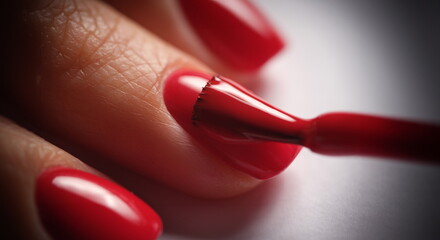 Manicurist paints nails with red gel polish. Application of nail polish. Manicured red nails concept