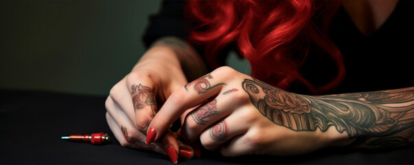 Female tattooed hands with red manicure and red hair on dark background close-up. Detailed...