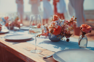 Delicious food and flowers for outdoor summer picnic