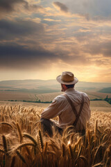 Vertical portrait of a farmer in a wheat field at sunset