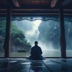 Rooftop Retreat in the Rain: Monk's Tranquil Mountain Meditation