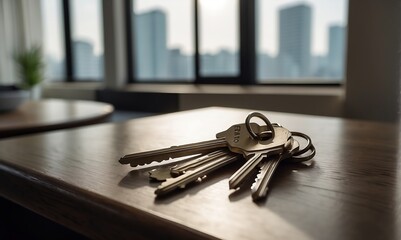 Keys on the table in a new apartment or hotel room. Mortgage, investment, rent, real estate, property concept.