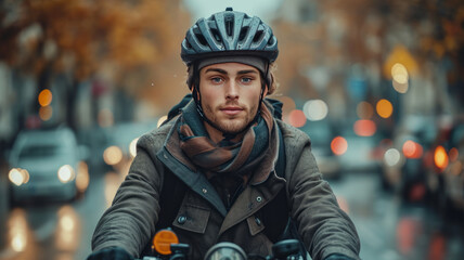 a young man with suit wearing helmet riding a bicycle on a road to work in a city street ,generative ai