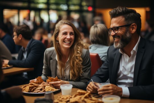 Diverse colleagues sitting in the break area, laughing, and eating sandwiches during their lunch break, Generative AI - Powered by Adobe