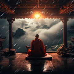 Peaceful Mountain Monk: Rain Meditation under the Roof