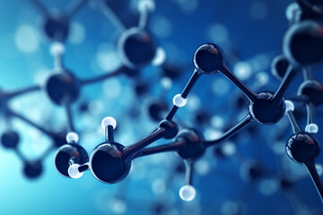 Glass molecule model. Reflective and refractive abstract molecular shape isolated on blue background. 3d illustration transparent background Generative Ai