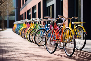 Fototapeta na wymiar Three beautiful lady city bright colored bicycles or bikes for woman standing in the summer park outdoors, wheel closeup transparent background Generative Ai