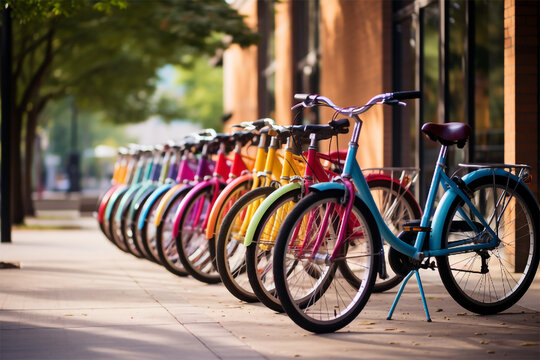 Three beautiful lady city bright colored bicycles or bikes for woman standing in the summer park outdoors, wheel closeup transparent background Generative Ai