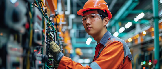 Naklejka premium asian man commercial electrician with staff at work on a fuse box in factory, adorned in safety gear,generative ai