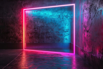 Empty minimalist frame illuminated by vibrant neon lighting in pink and blue hues, set against grungy wall with ample space for text. Perfect for event visuals, promotional content.