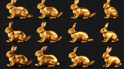 Golden 3d rabbit element in various pose