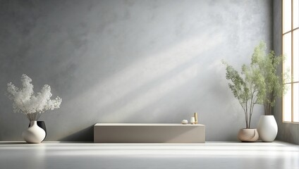 Shadow on Wall Background Studio Room, Gray Podium Table Product Cement Concrete Interior House Platform, Abstract Light Overlay Window on White. generative AI