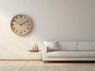 Living room with furniture and big wall clock - obrazy, fototapety, plakaty