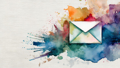 Email icon, watercolor art, canvas background, copy space on a side