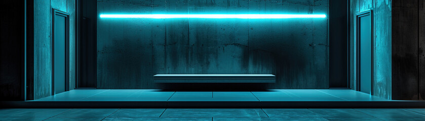 Minimalist urban scene with a sleek blue neon light bar above a bench, against a concrete wall,...