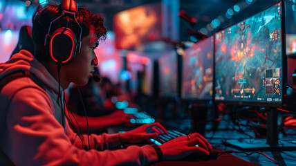 Gamer playing game, World region gaming expo, gaming industry event or gaming competition...
