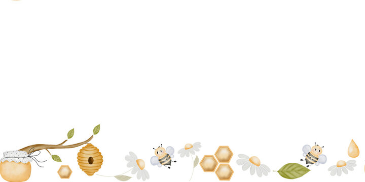 Watercolor frame border seamless with cute bees, beehive and jar of honey. A nice design for printing on children's bedding and greeting cards.