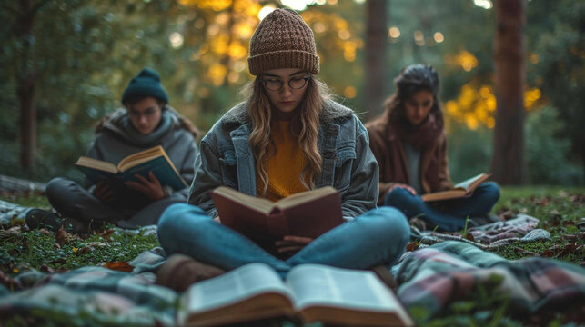 Christian youth studying the Bible in nature