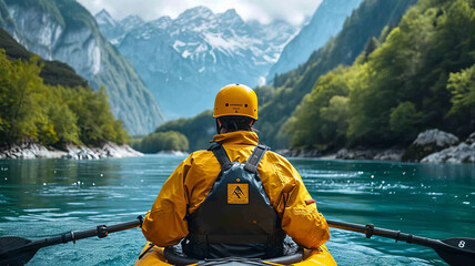 kayaker with whitewater kayaking, down a white water rapid river in the mountains, beautiful landscape background,henerative ai - obrazy, fototapety, plakaty