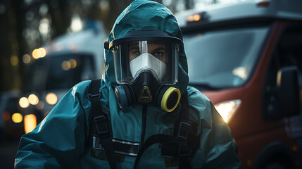 A man wearing a protective mask and workwear - obrazy, fototapety, plakaty