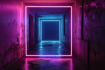 Abstract concept of a corridor with sequential neon frames in pink and blue, creating depth and leading to copy space for text, ideal for creative visuals.