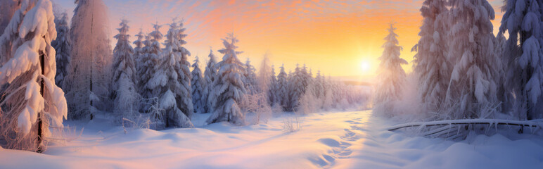 snow covered ground, in the style of golden light, orange and azure, landscape photography, sunrays shine upon it, use of light and shadow, wide angle lens


