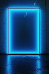 Striking blue neon light rectangular frame on a grunge wall, with ample copy space for text or logo, ideal for tech or art-themed design projects.