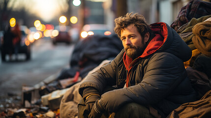 A desperate, homeless man sitting on a dark street - obrazy, fototapety, plakaty