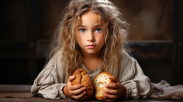 Poor dirty little girl eating a piece of bread